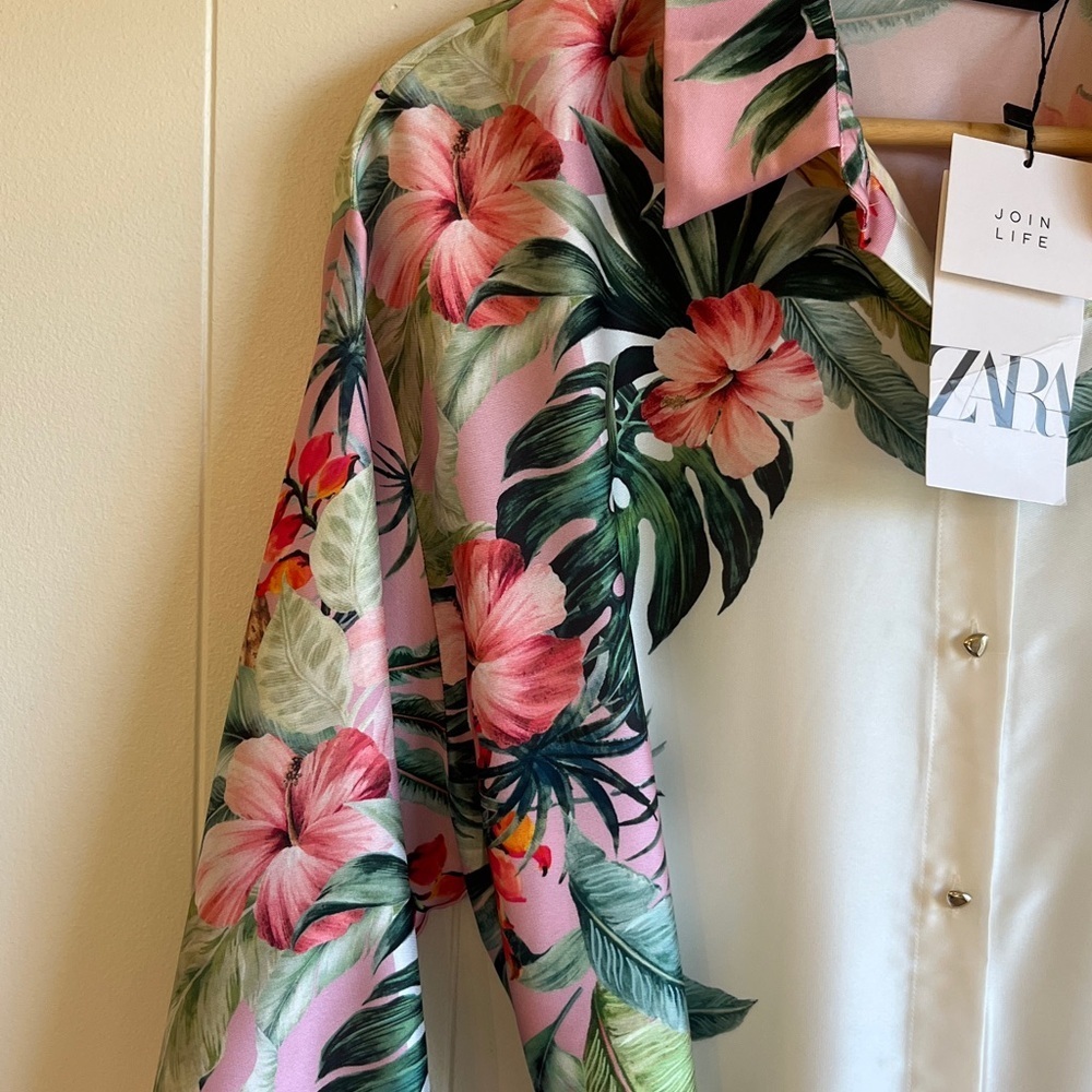 NWT Zara Pink and Green Tropical Resort wear Beach  Floral Shirt Dress Sz XL - Picture 13 of 16